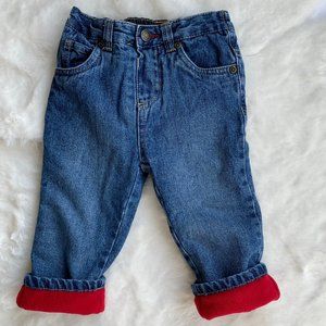 George Red Fleece Lining Pull-on Blue Denim Jeans Size 6-12 Months